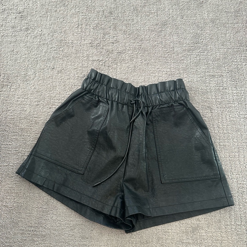 Women's Black Faux Leather Drawstring Shorts